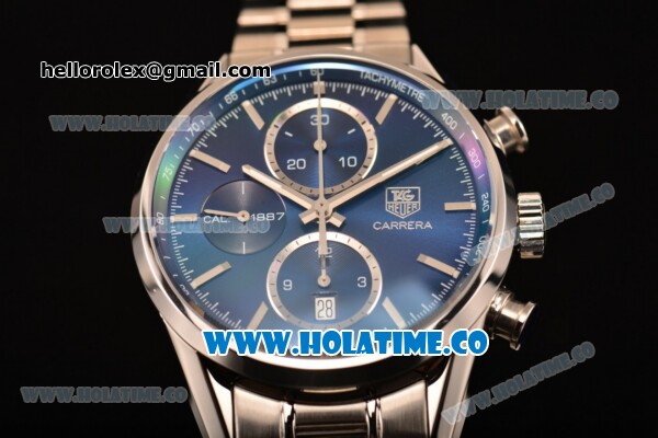Tag Heuer Carrera Calibre 1887 Chrono Swiss Valjoux 7750 Autoamtic Full Steel with Blue Dial and Stick Markers (ZF) - Click Image to Close